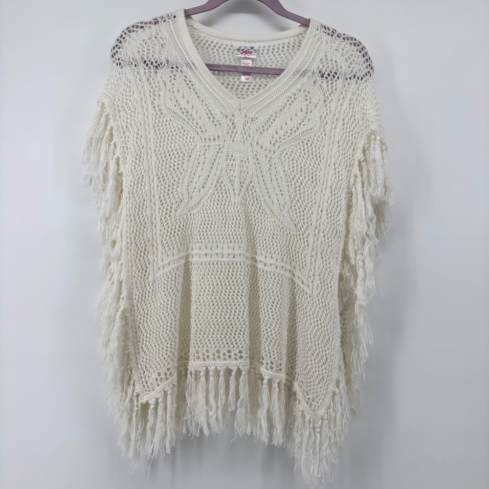Justice Girls Ivory Crochet Butterfly Fringe Poncho Top Shimmer Knit Size 8/10